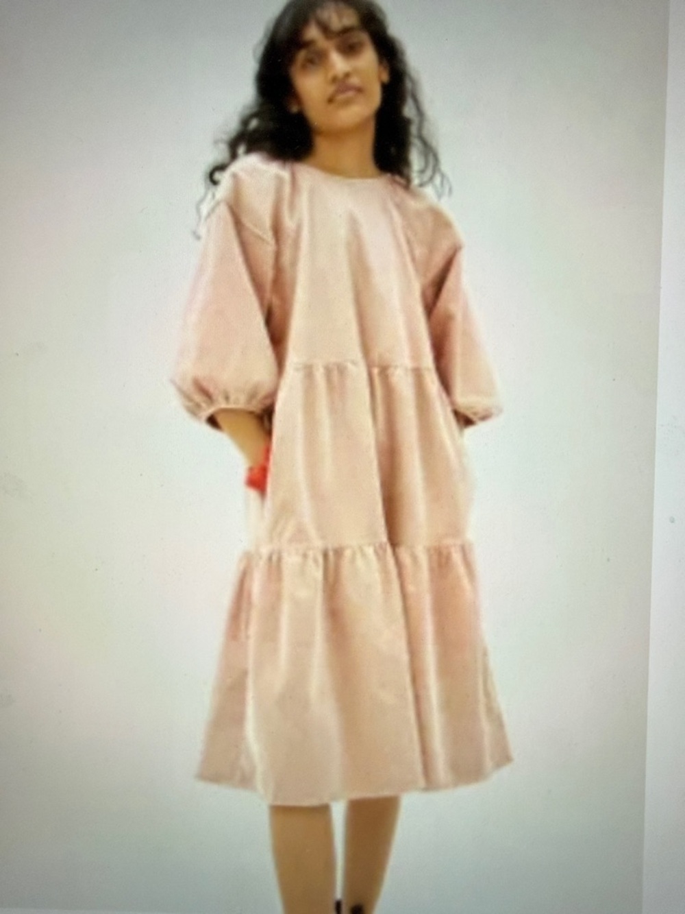 Everlane Petal Pink Corduroy Tiered Puff Sleeve Boho Cotton Midi Dress